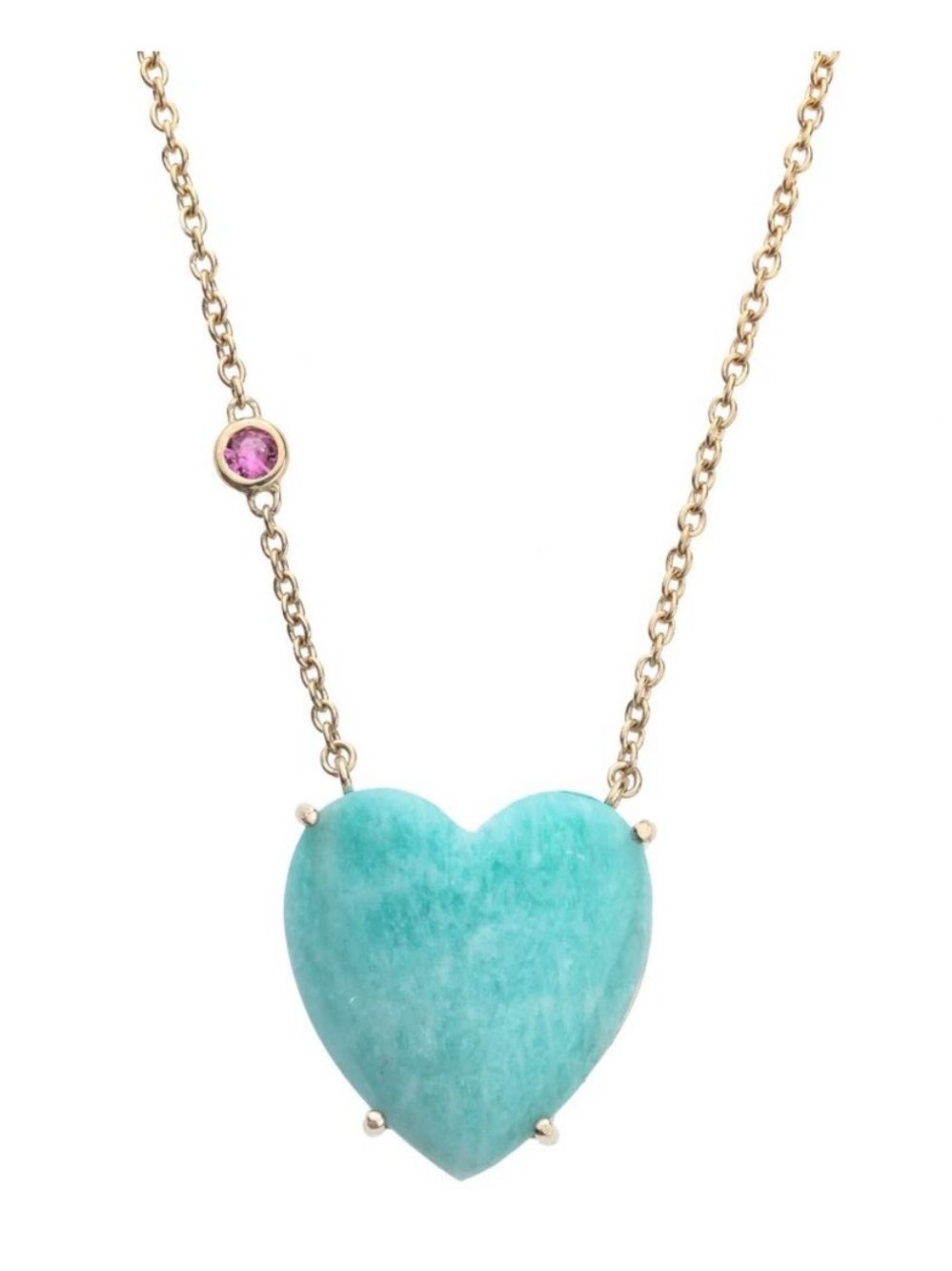 JANE WIN AMAZONITE CARVED HEART PENDANT, GOLD, TURQUOISE W. PINK STONE